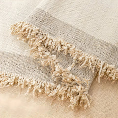 Close view of the woven edge and fringe on the sofa throw