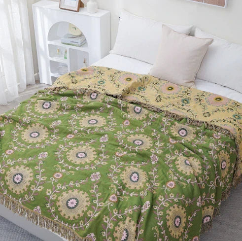 Green-Beige reversible patterned throw on a bed