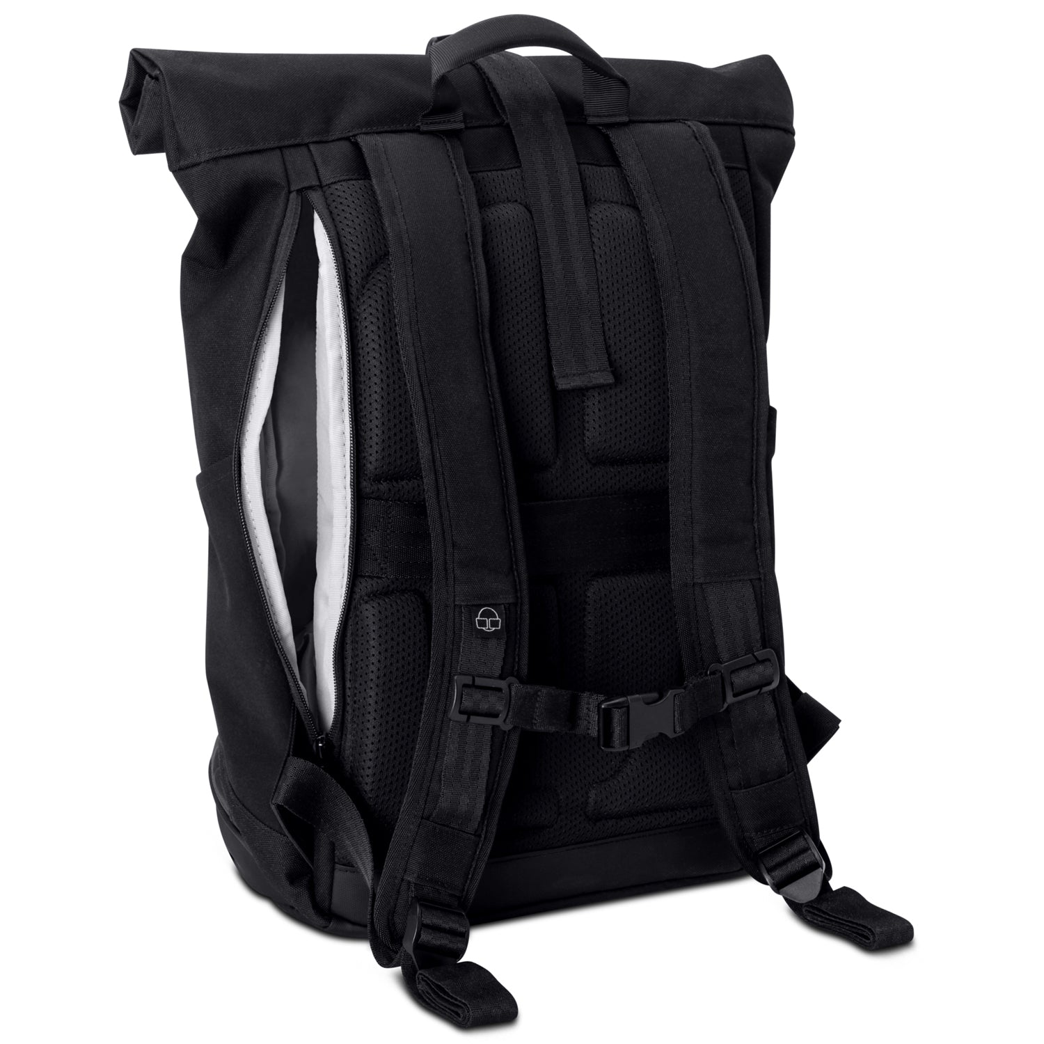 Angled rear view of the Black roll-top backpack