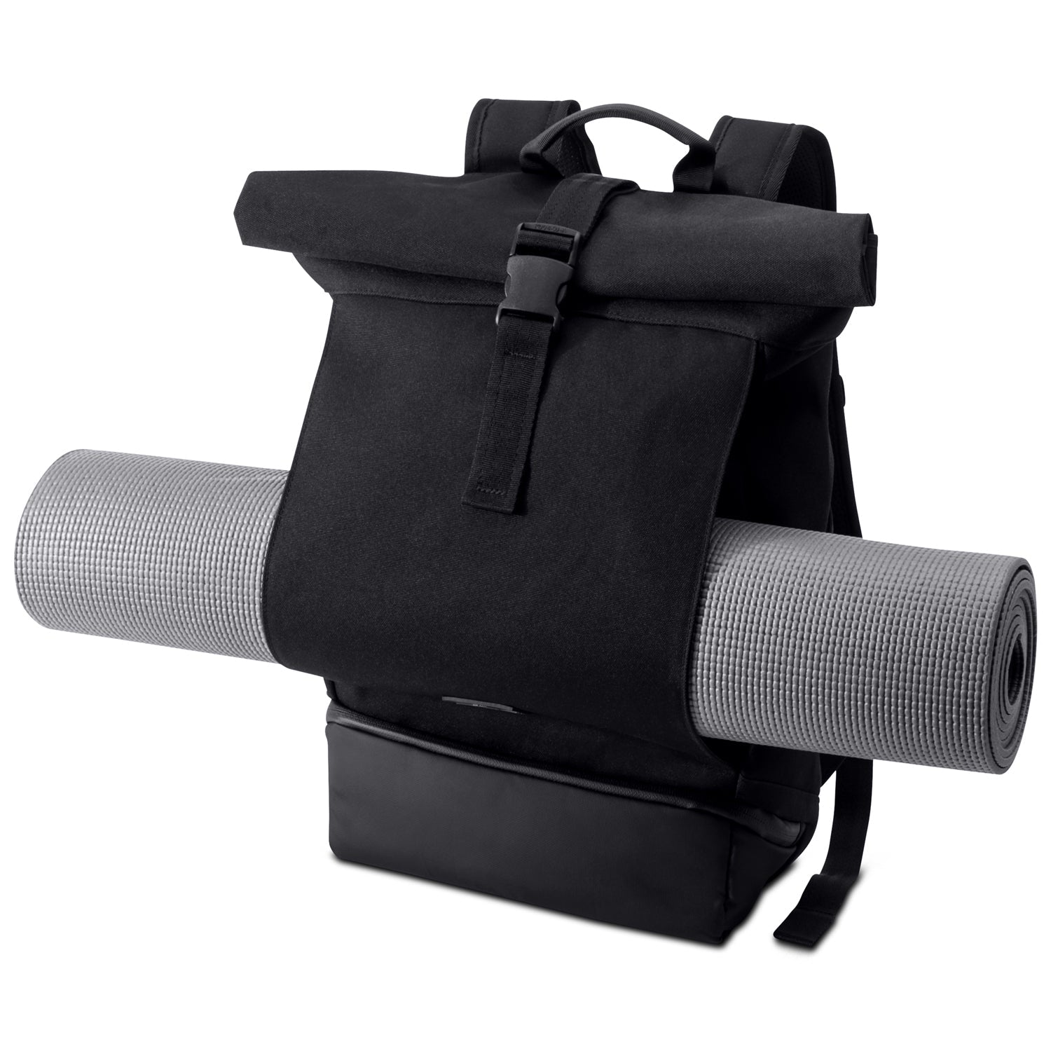 Black roll-top backpack carrying a rolled exercise mat