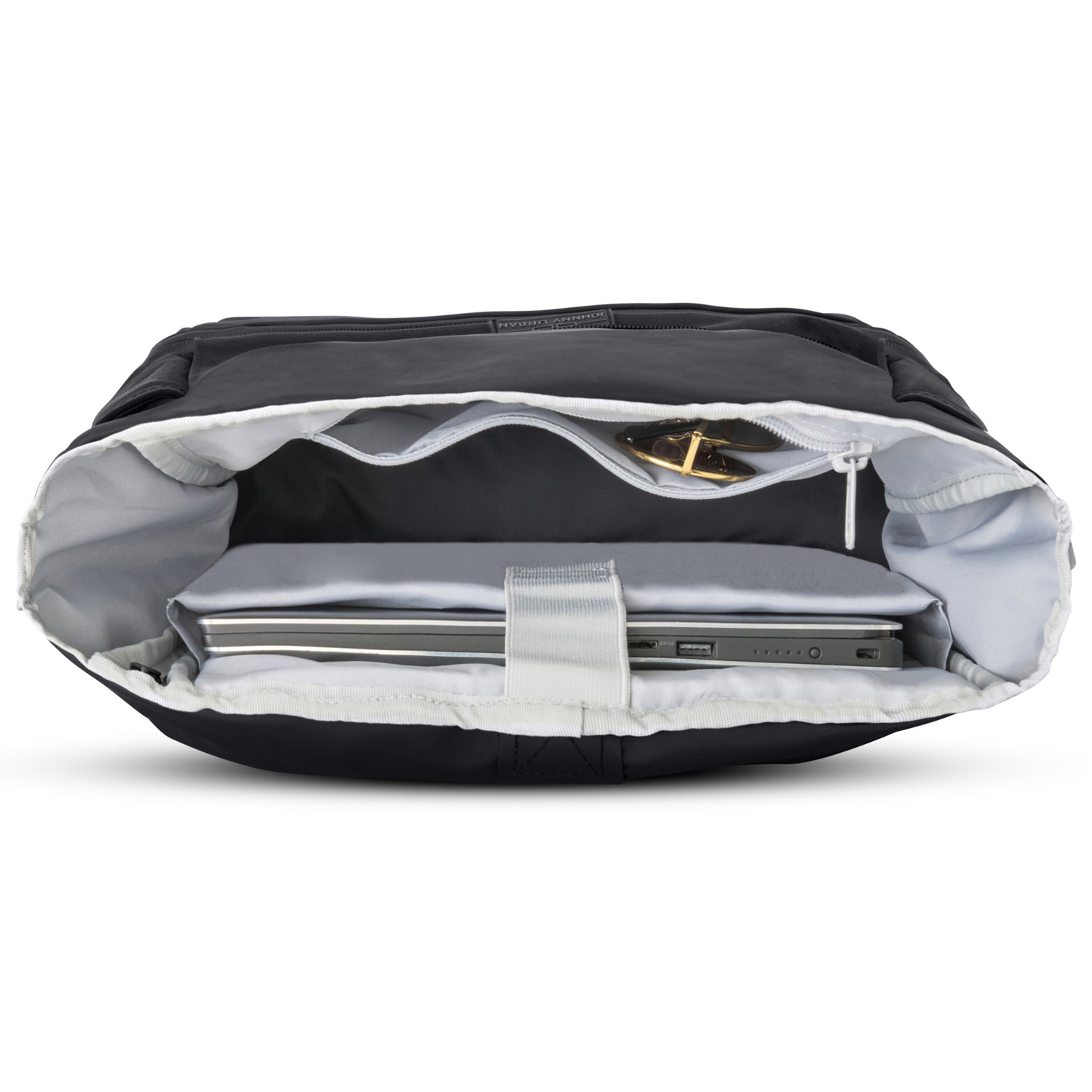 Padded laptop compartment inside the Black roll-top backpack