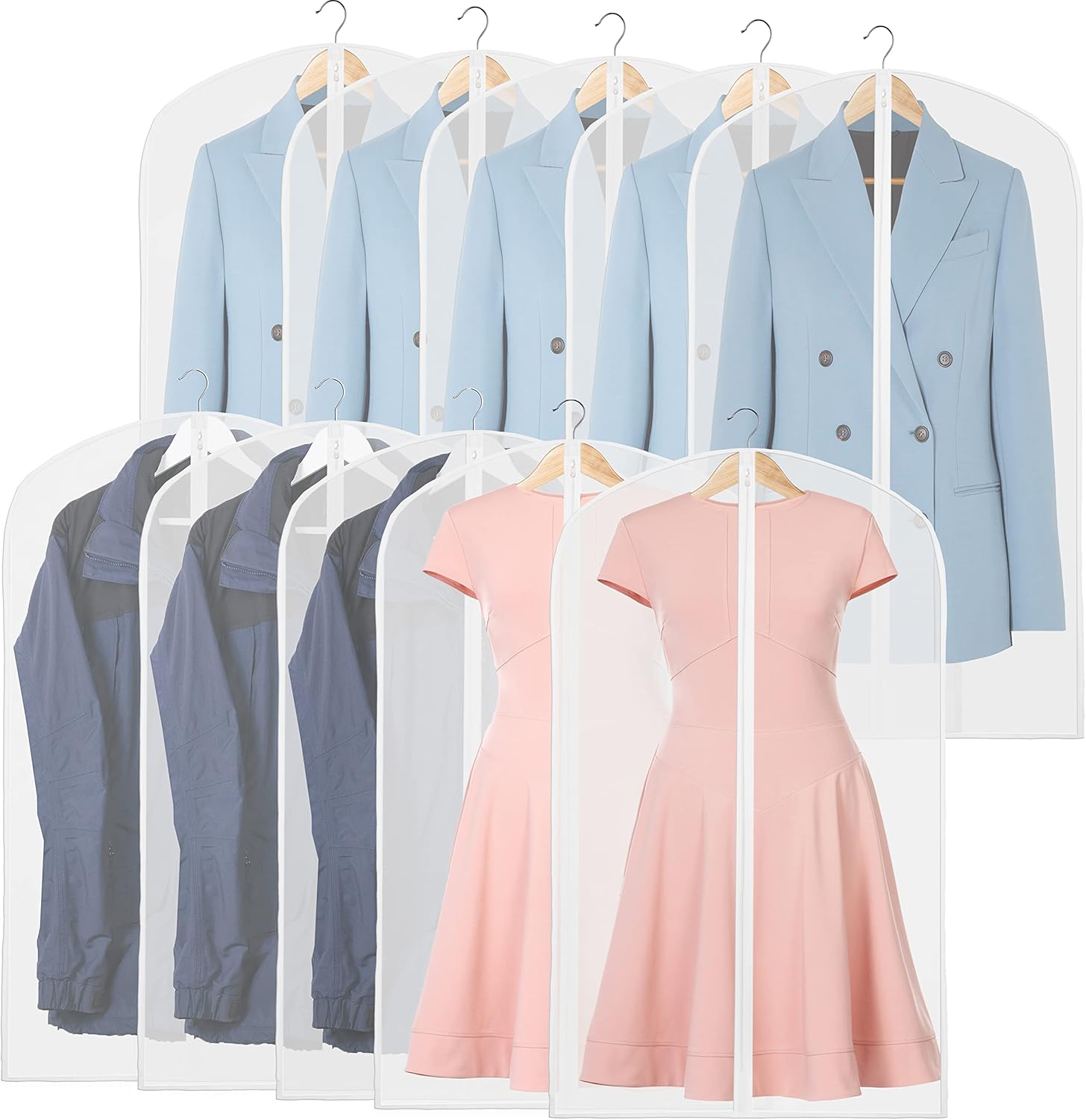 Short and long translucent garment covers with assorted clothing