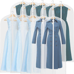 Ten long translucent garment covers with dresses and coats
