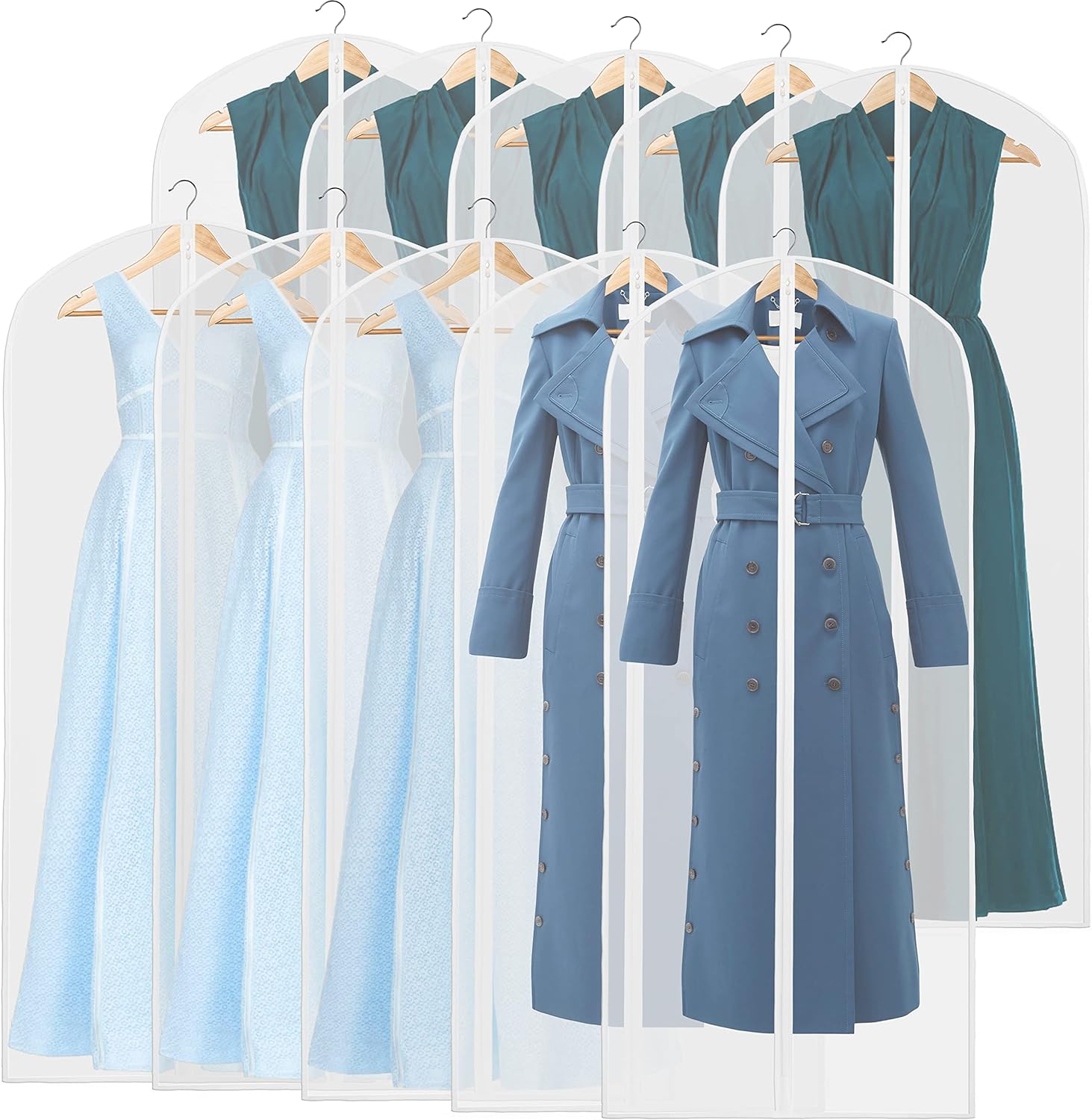 Ten long translucent garment covers with dresses and coats