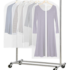 Short translucent garment covers on a white rolling rack