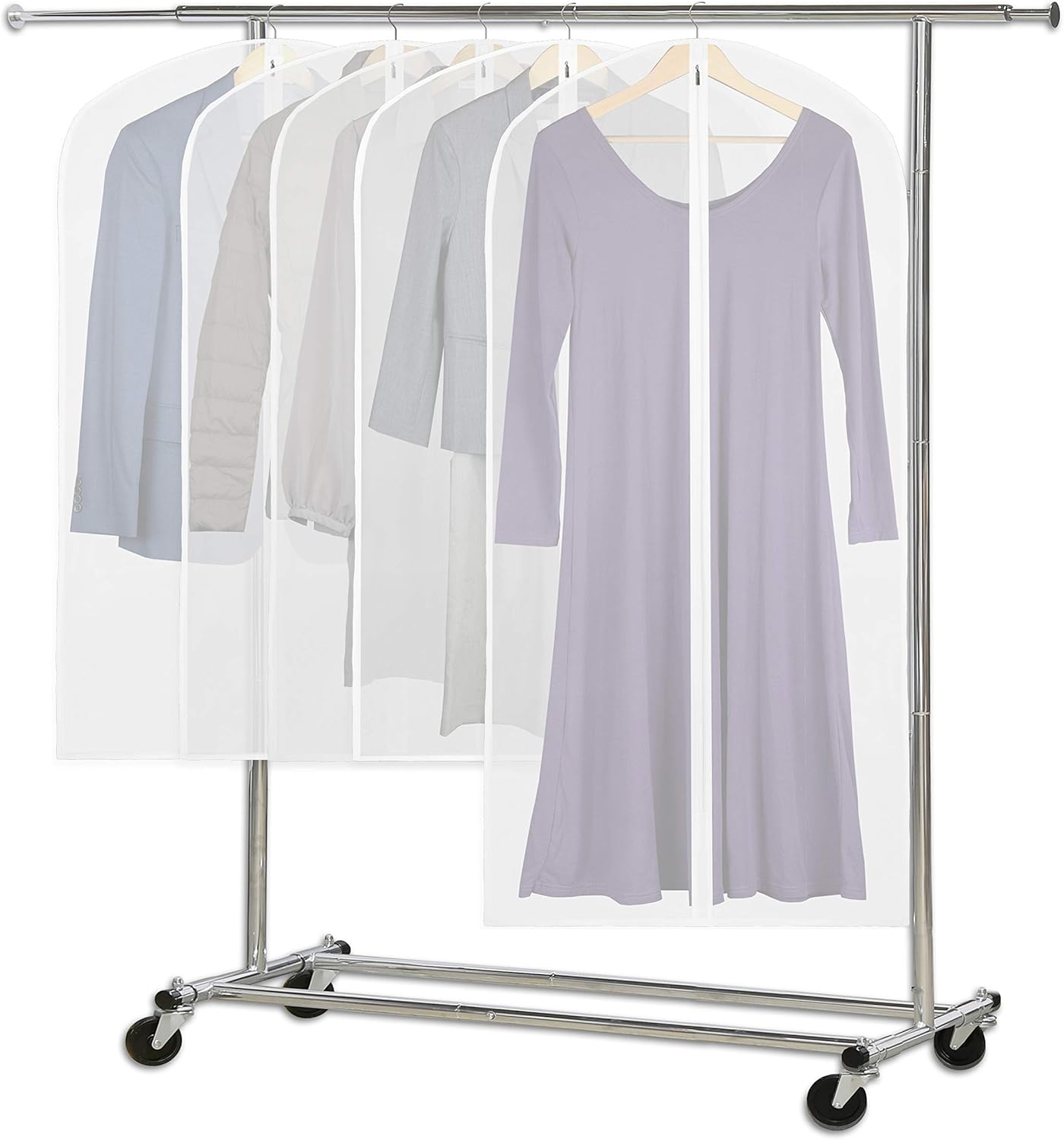 Short translucent garment covers on a white rolling rack