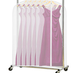 Short translucent garment covers on a rolling clothing rack