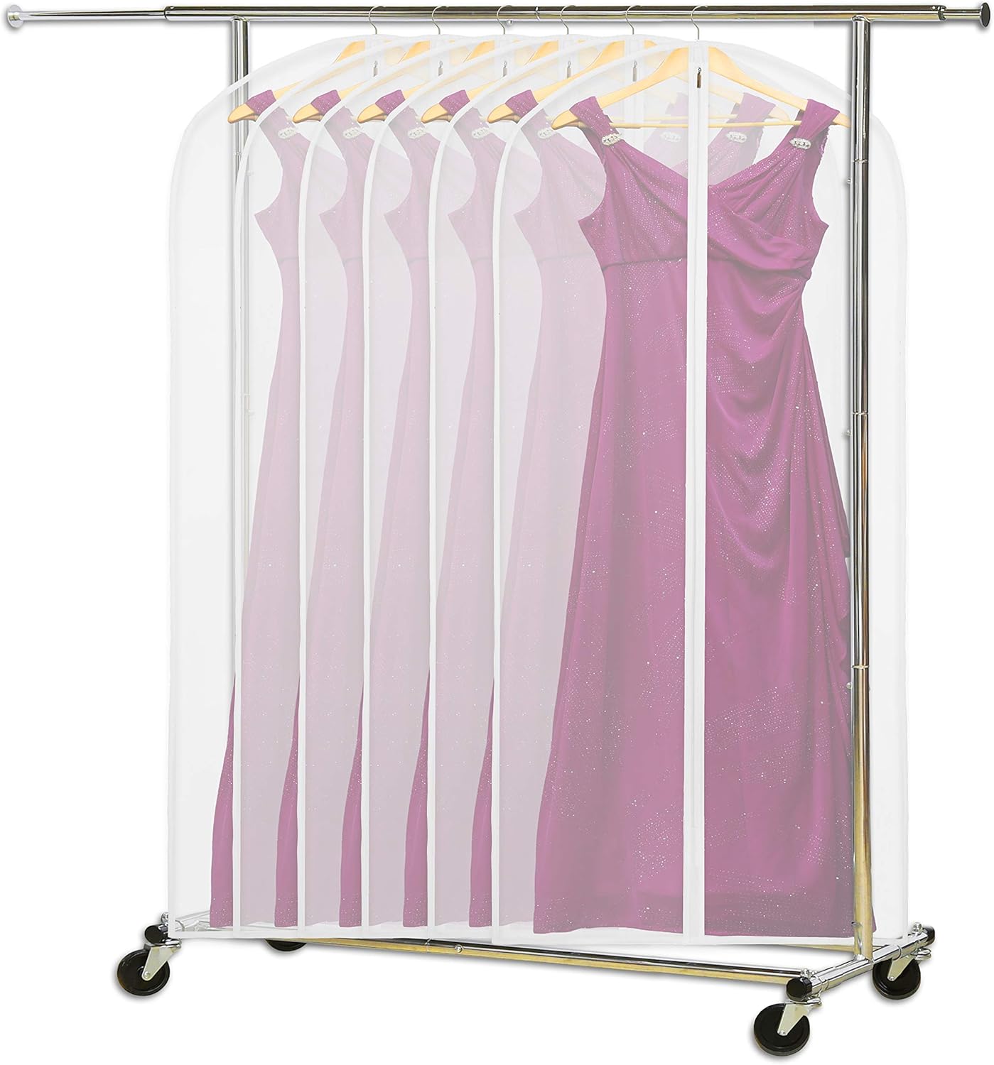Short translucent garment covers on a rolling clothing rack