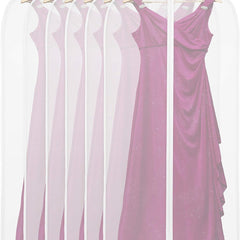 Ten short translucent garment covers with dresses on hangers