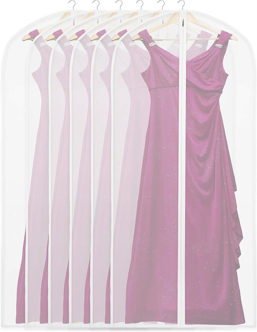 Ten short translucent garment covers with dresses on hangers