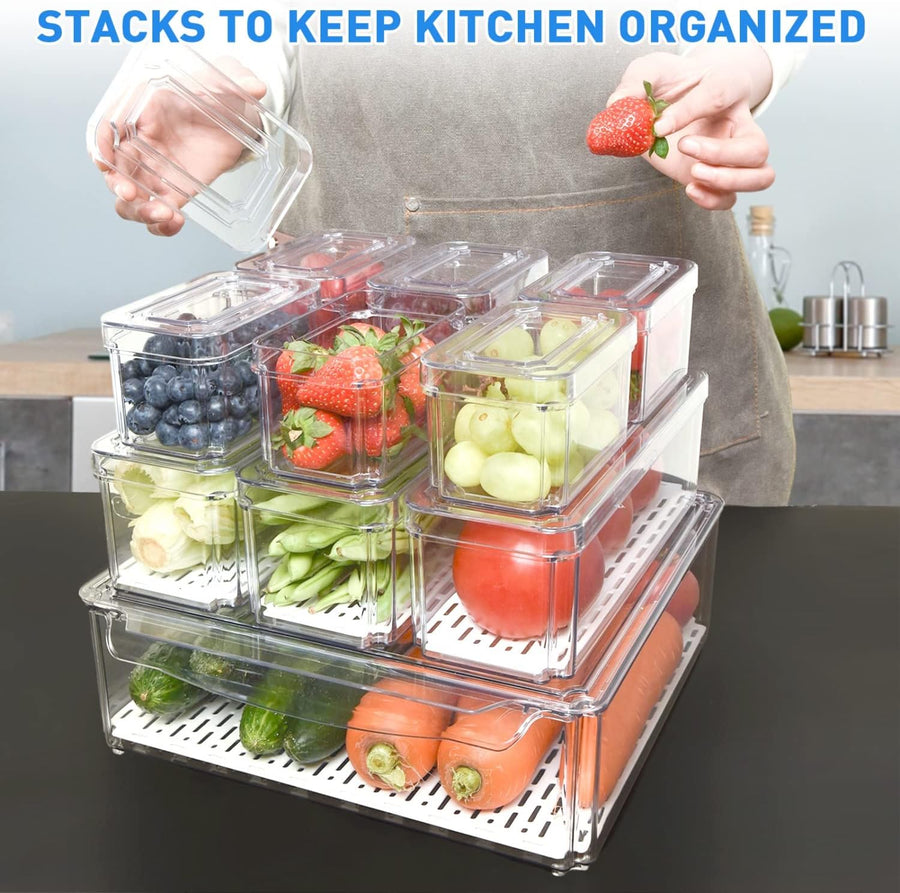 Stacked clear refrigerator bins in use
