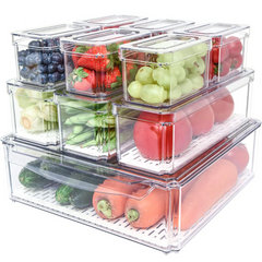Clear stackable refrigerator organizer bins with produce