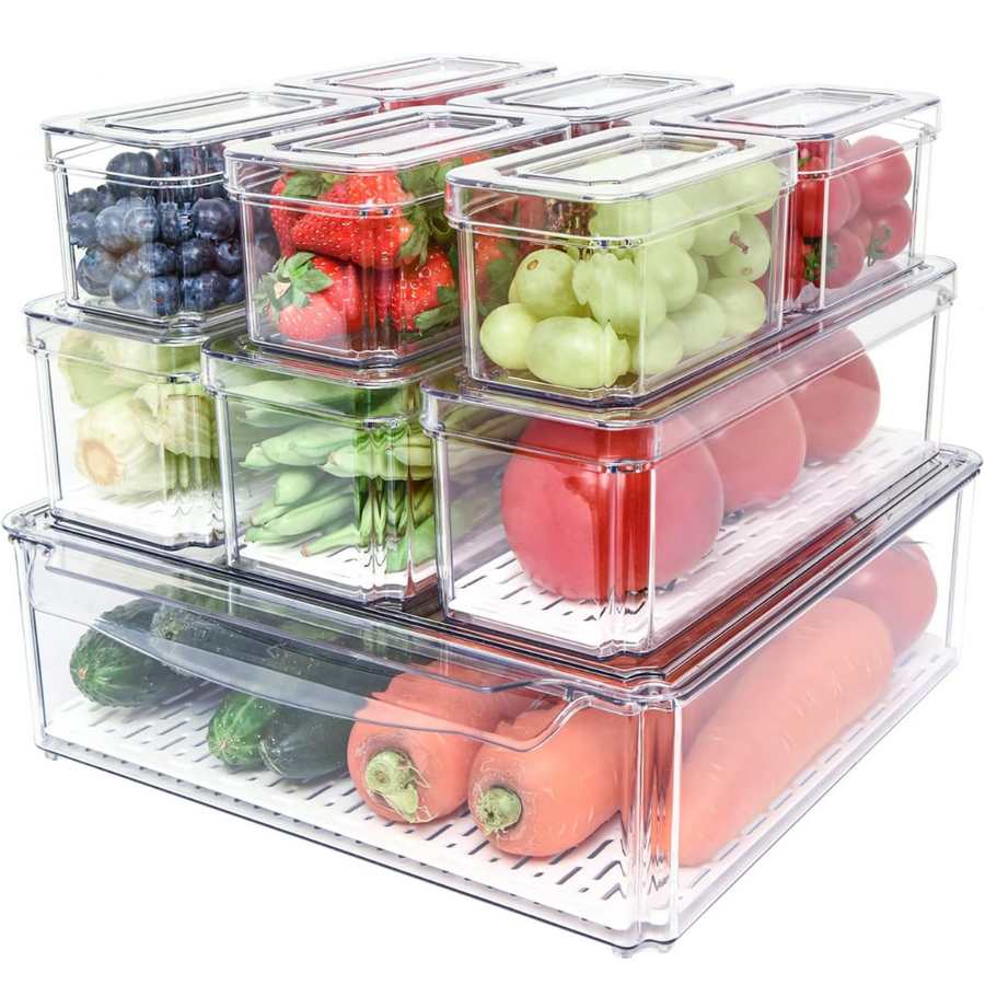 Clear stackable refrigerator organizer bins with produce