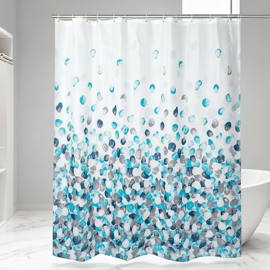 Blue patterned fabric shower curtain in a bathroom