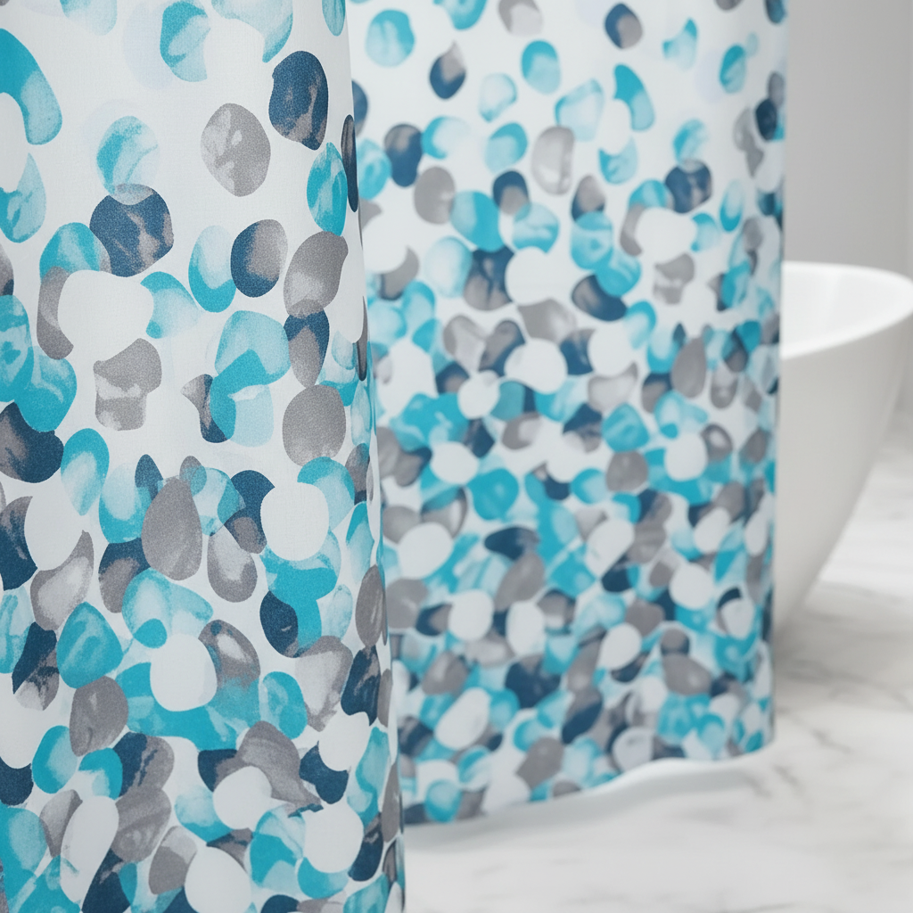 Close view of the blue and gray curtain pattern