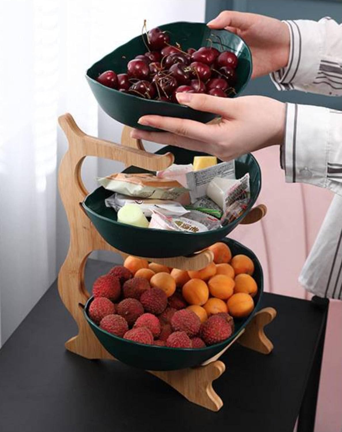 Green tiered fruit stand with removable bowls