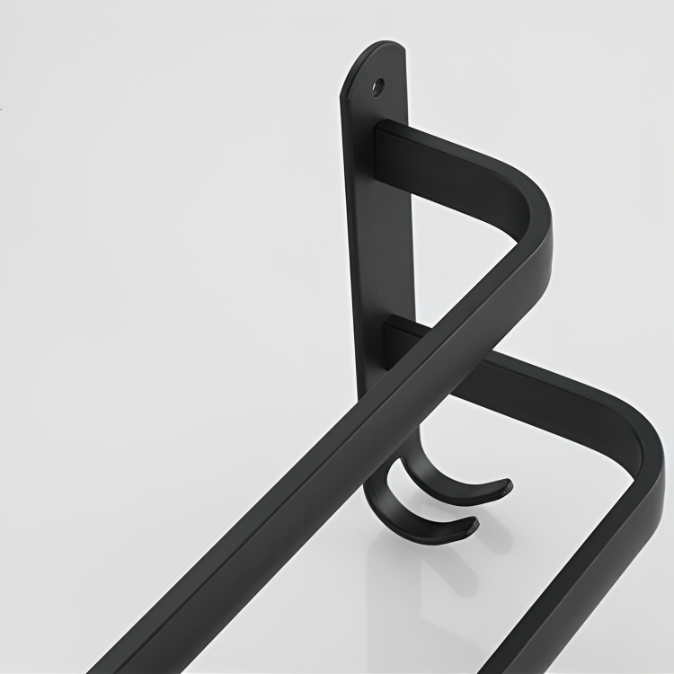 Close view of the integrated hooks on the towel rack
