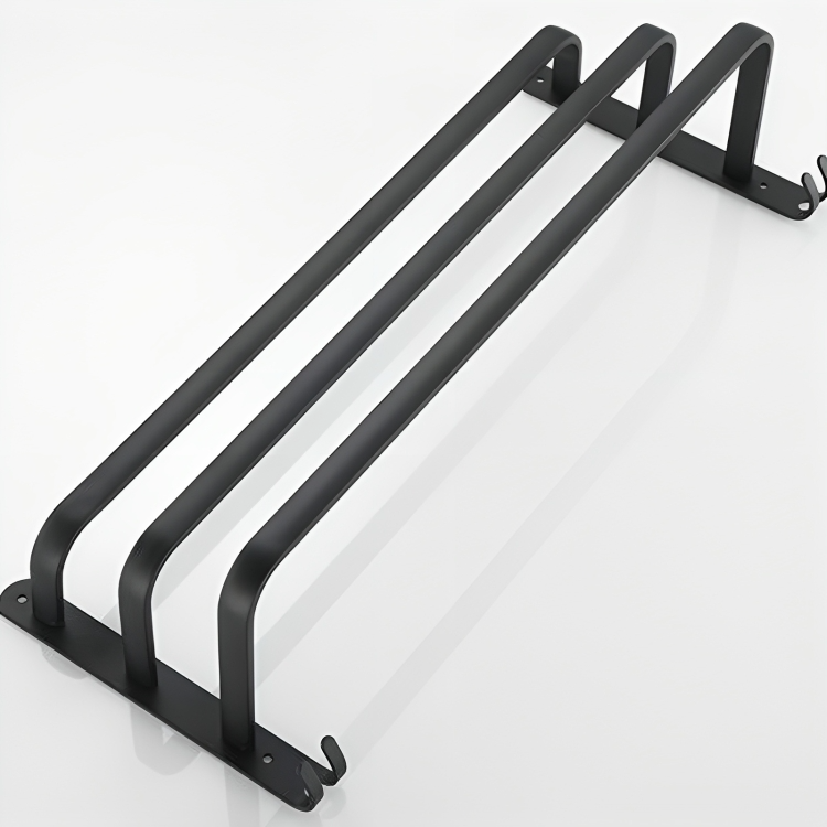 Angled view of the three-bar towel rack
