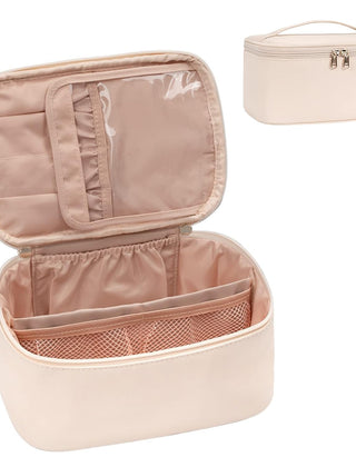 Beige travel makeup organizer with interior dividers