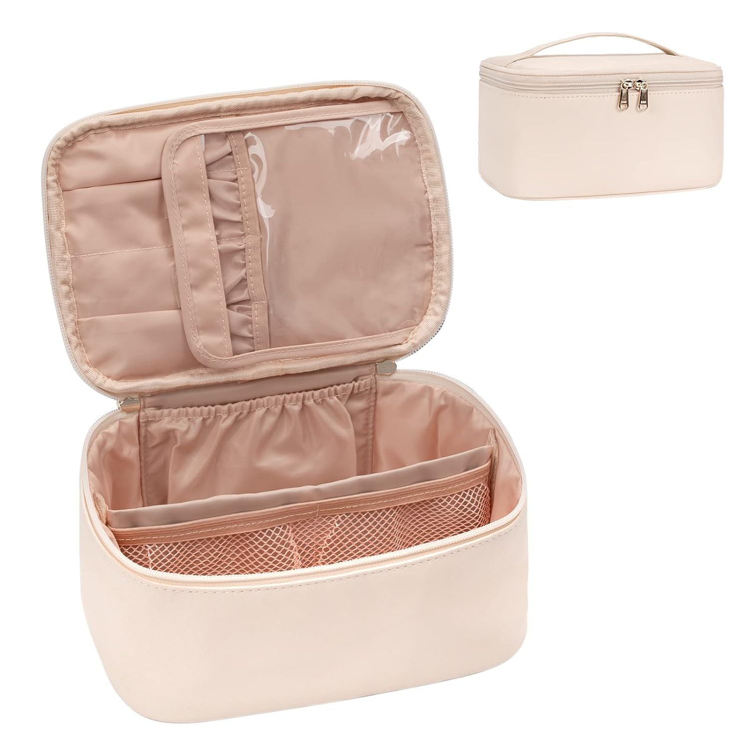 Beige travel makeup organizer with interior dividers