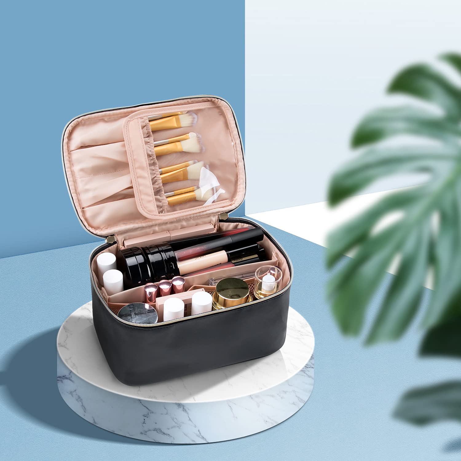 Black makeup organizer displayed with cosmetics