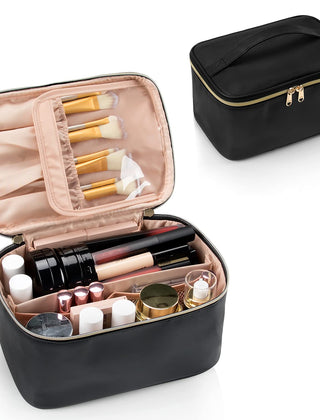 Black travel makeup organizer with cosmetics
