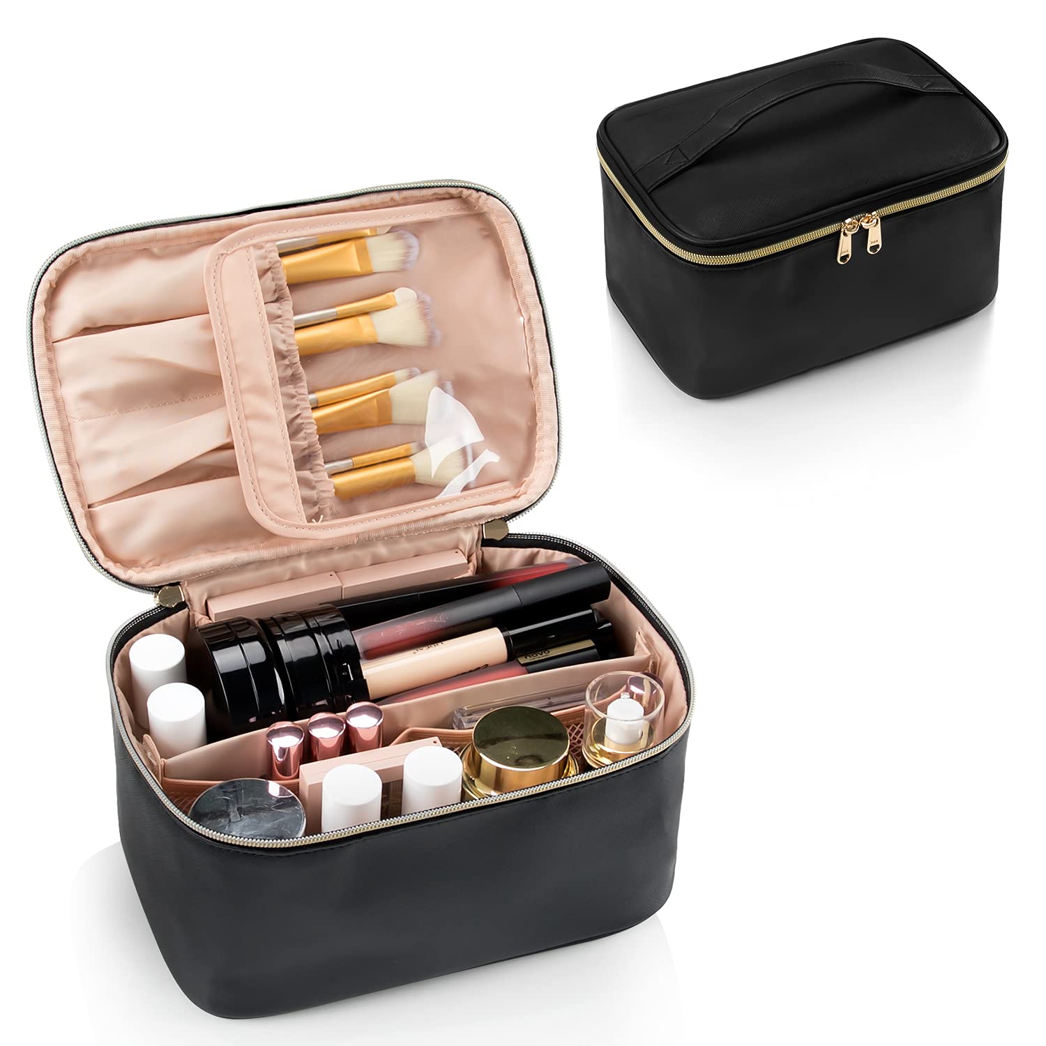 Black travel makeup organizer with cosmetics