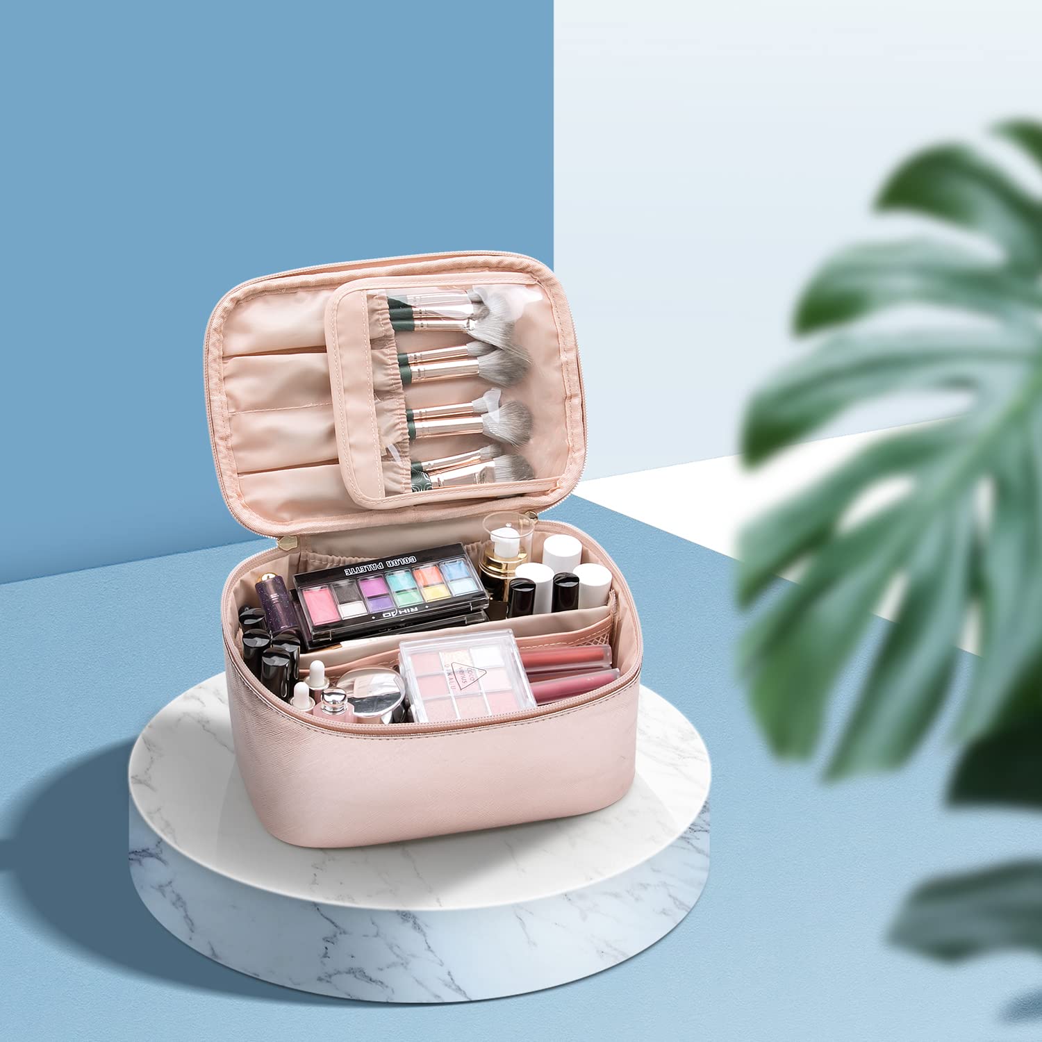 Pink makeup organizer displayed with cosmetics
