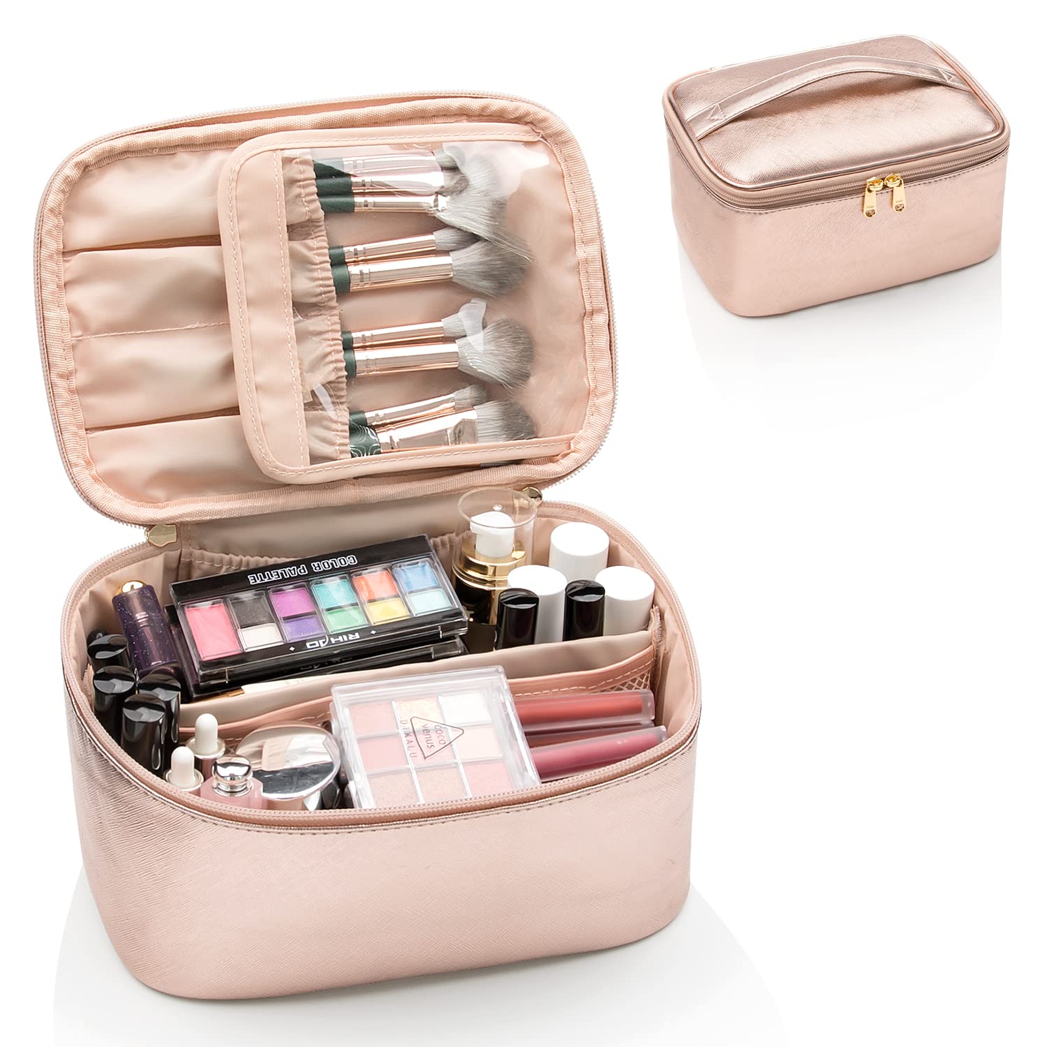Open Pink organizer with brushes and makeup