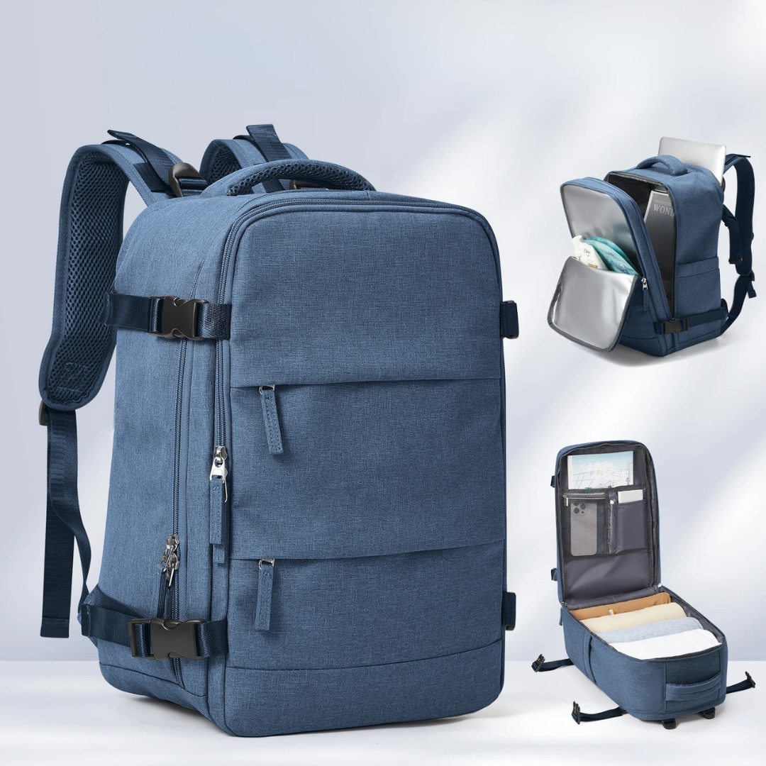 Peacock Blue backpack with organized interior compartments