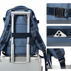 Padded back, trolley strap, and buckle details