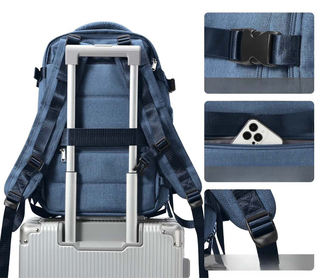 Padded back, trolley strap, and buckle details