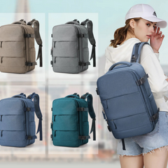 Compact travel backpacks in four colors with lifestyle view