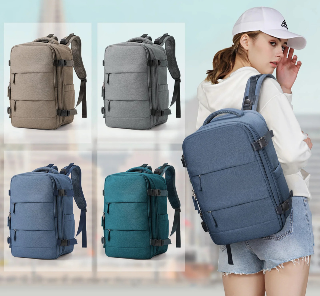 Compact travel backpacks in four colors with lifestyle view