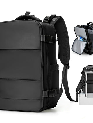 Black compact travel backpack with open and trolley views