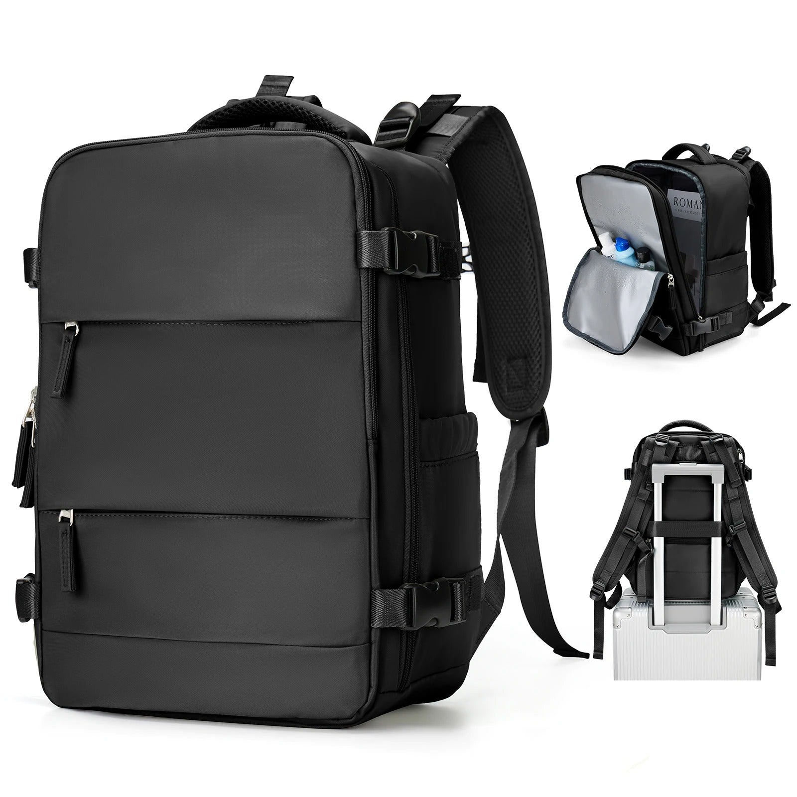 Black compact travel backpack with open and trolley views