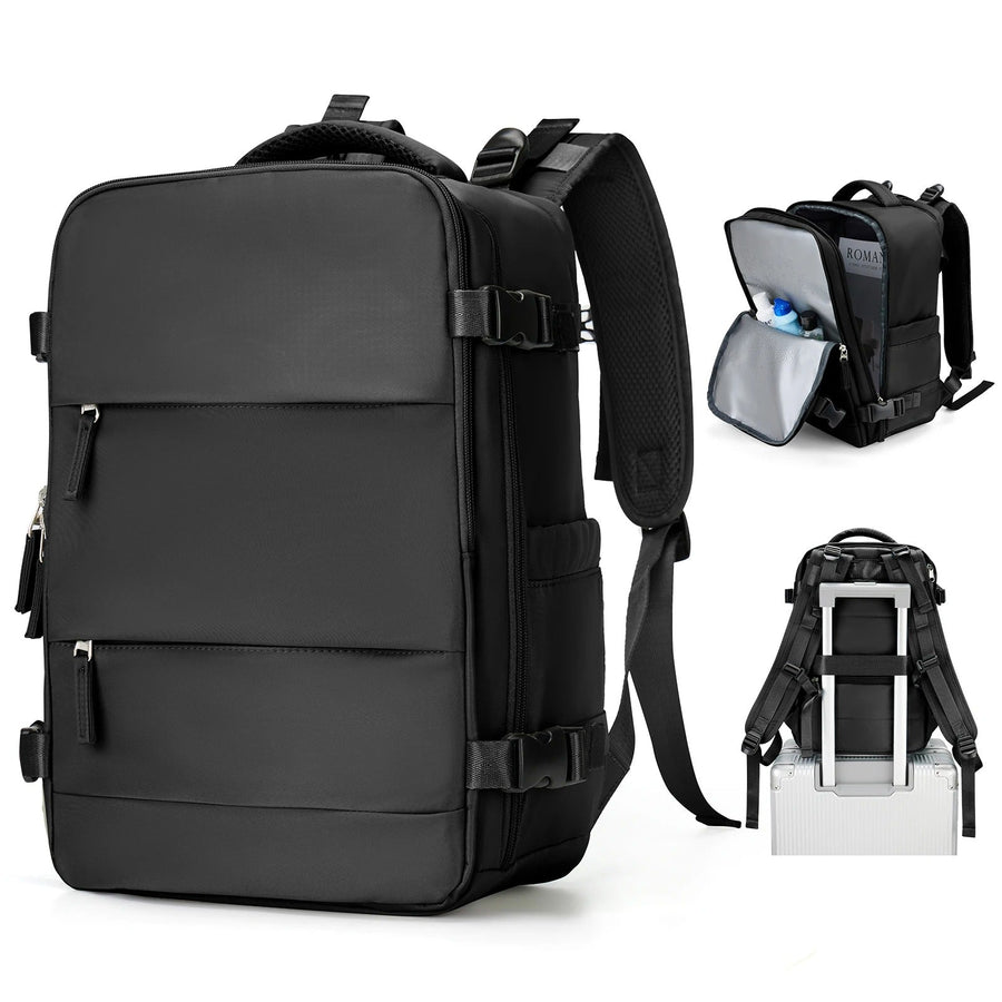 Black compact travel backpack with open and trolley views