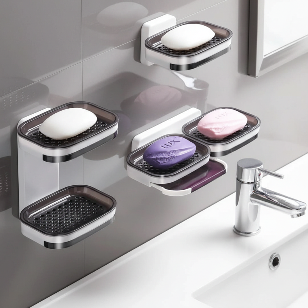 Wall-mounted soap dishes arranged beside a bathroom sink