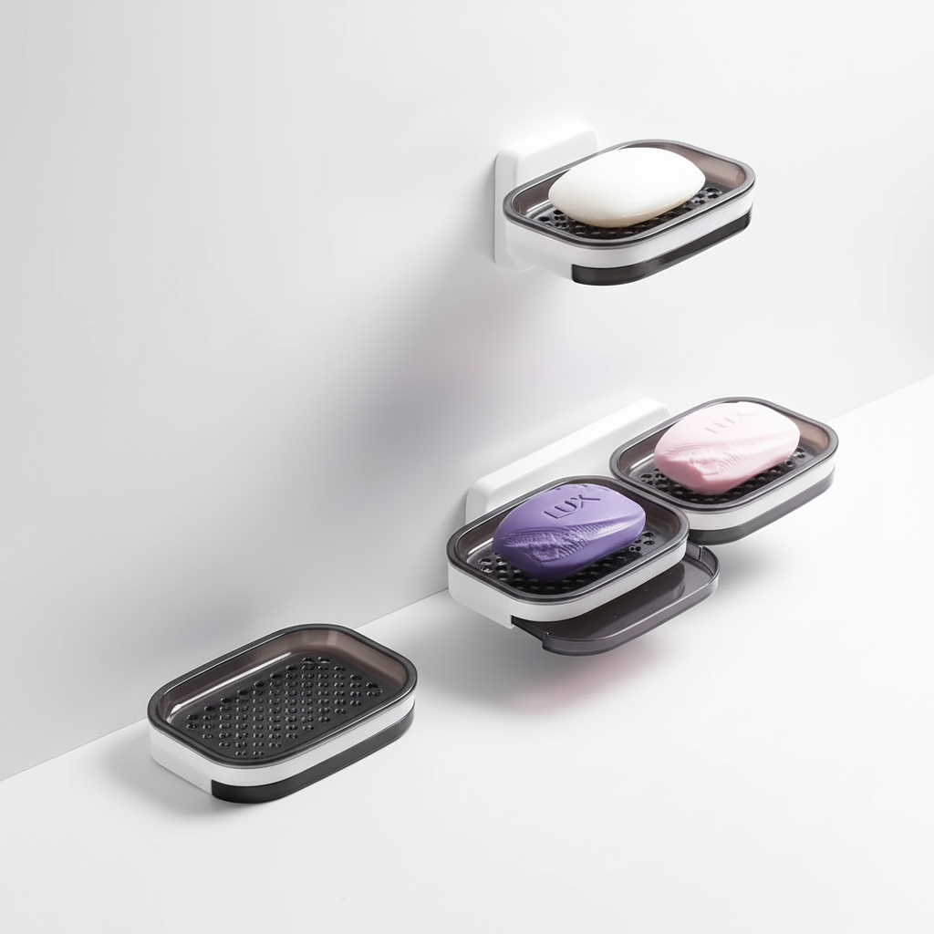 Single and double wall-mounted soap dishes holding bar soap