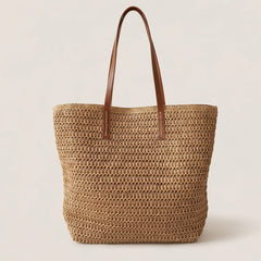 Brown woven tote bag with long shoulder straps