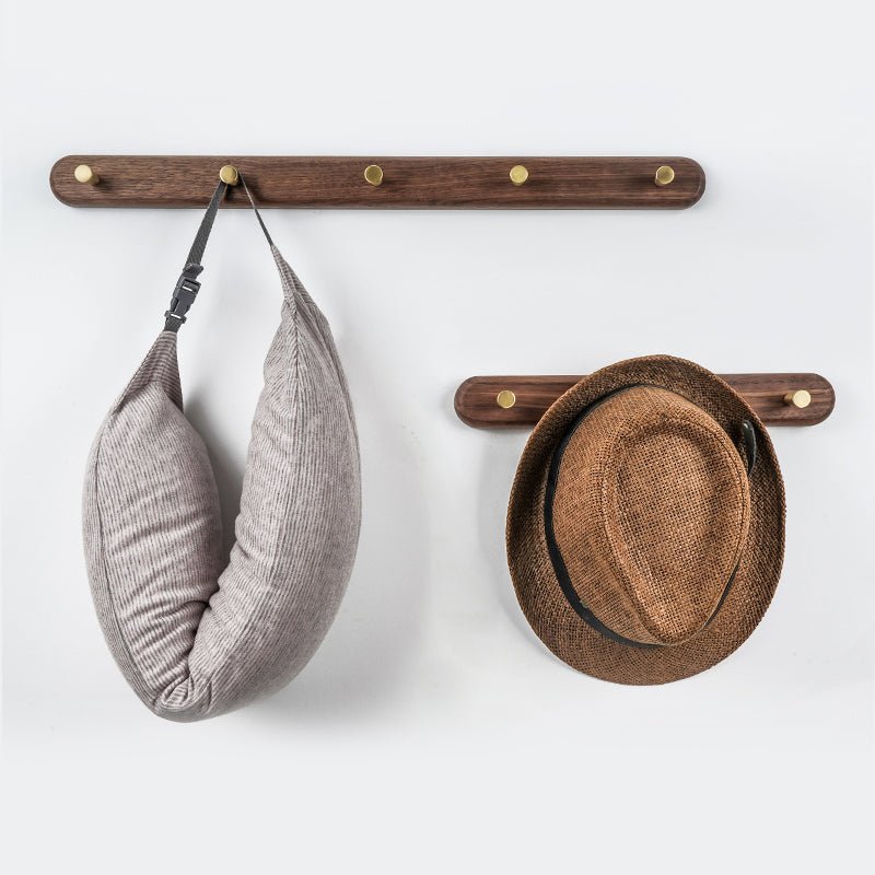 Wooden wall coat racks with brass hooks in two finishes
